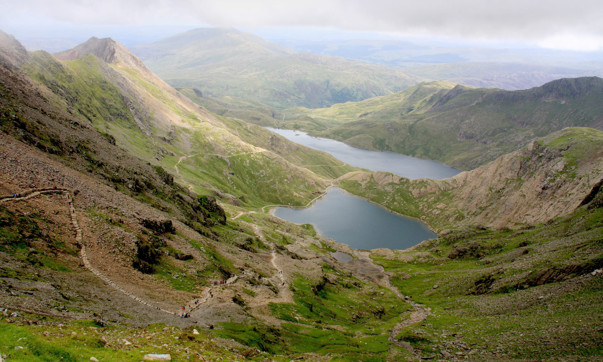 View of Pyg and Miners' track ascending past the southern lakes of Snowdon