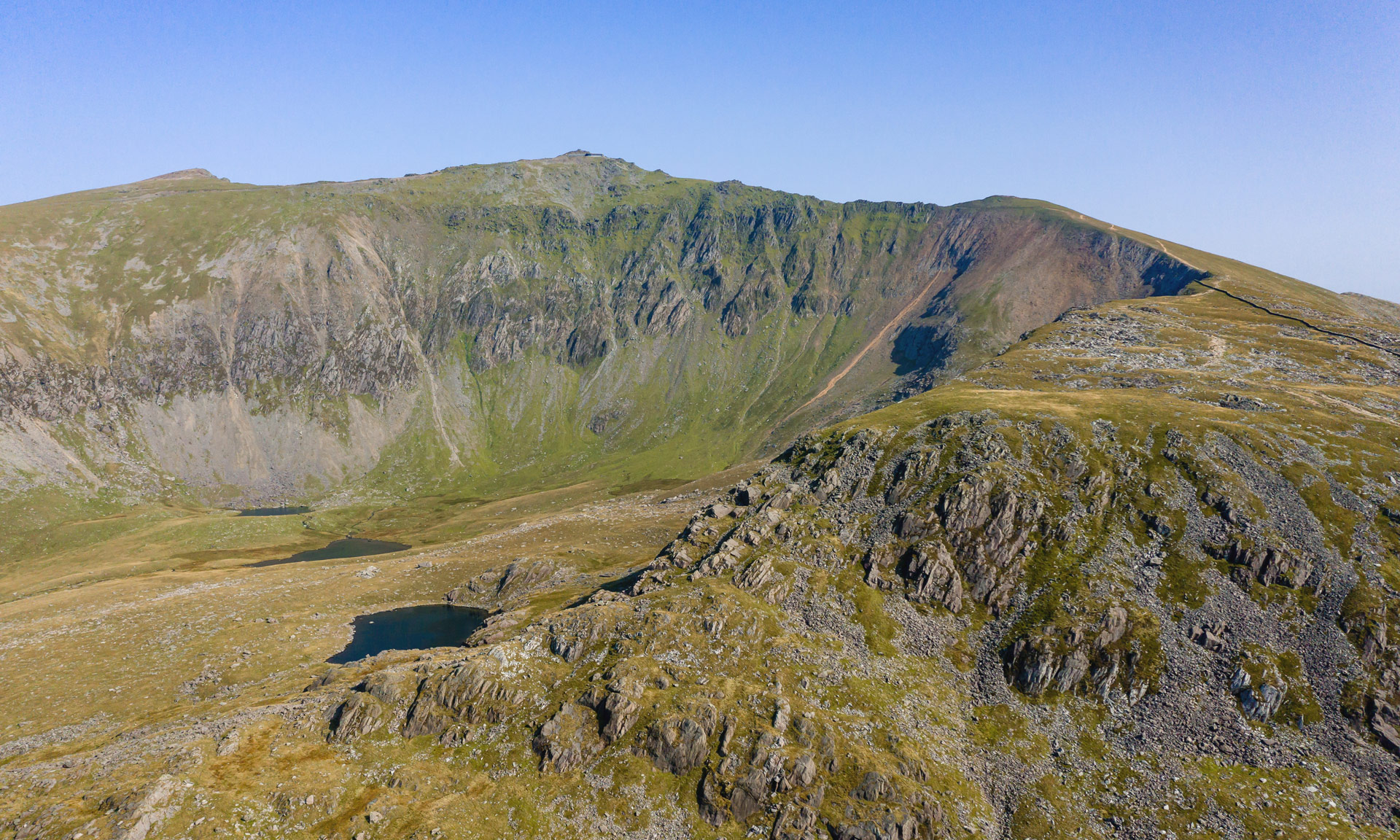 View of Snowdon's summit with the Snowdon Ranger path acsending up towards it